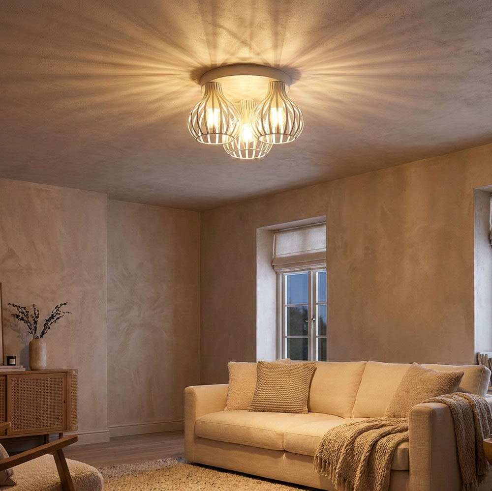 Deckenleuchte, Beige, Metall, 3-flammig, E14, Wohnzimmer, Ø 31 cm