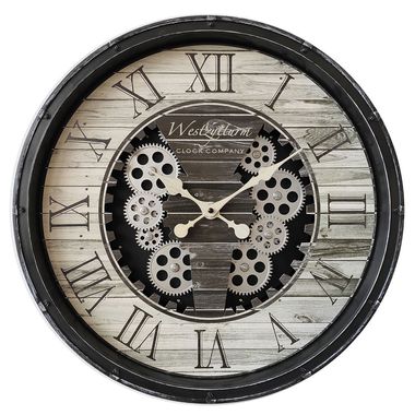 Wall clock, plastic, black, moving gears, diameter 50.8 cm