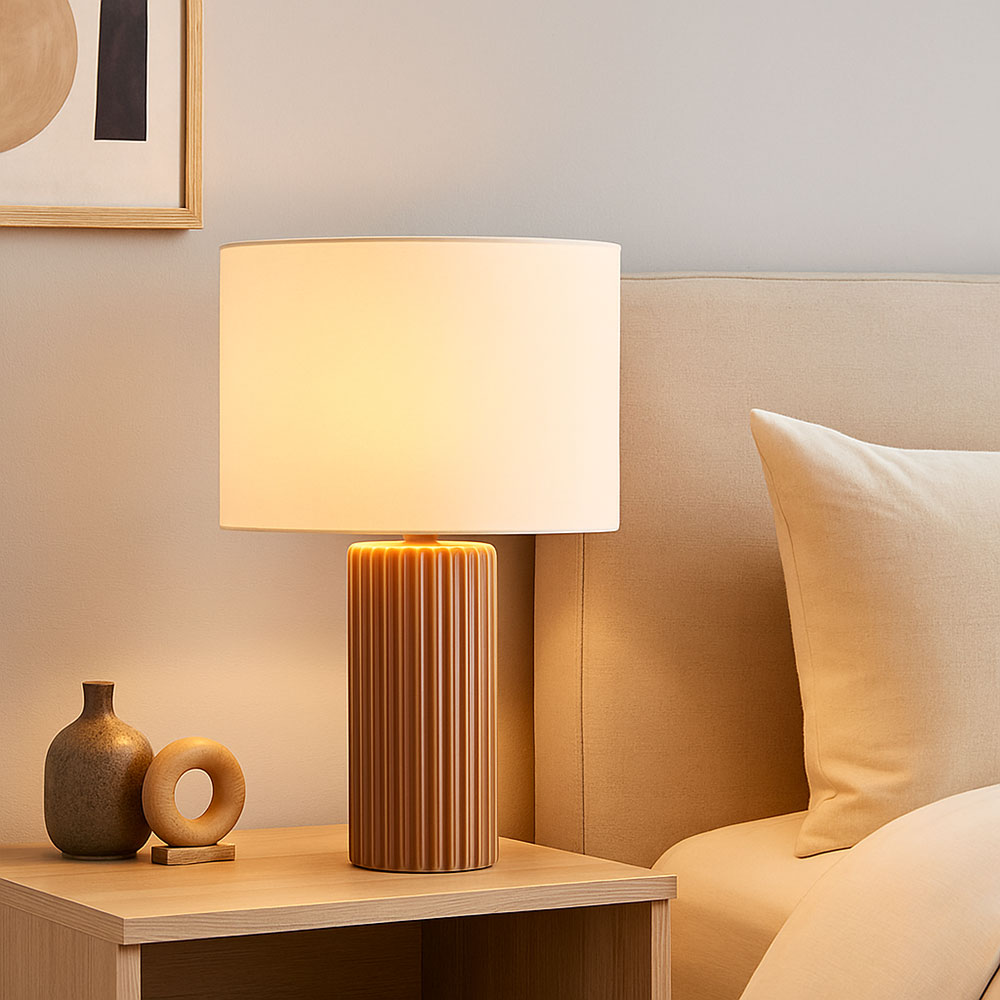 Tischlampe, Keramik Mokka, Textil Beige, H 51 cm