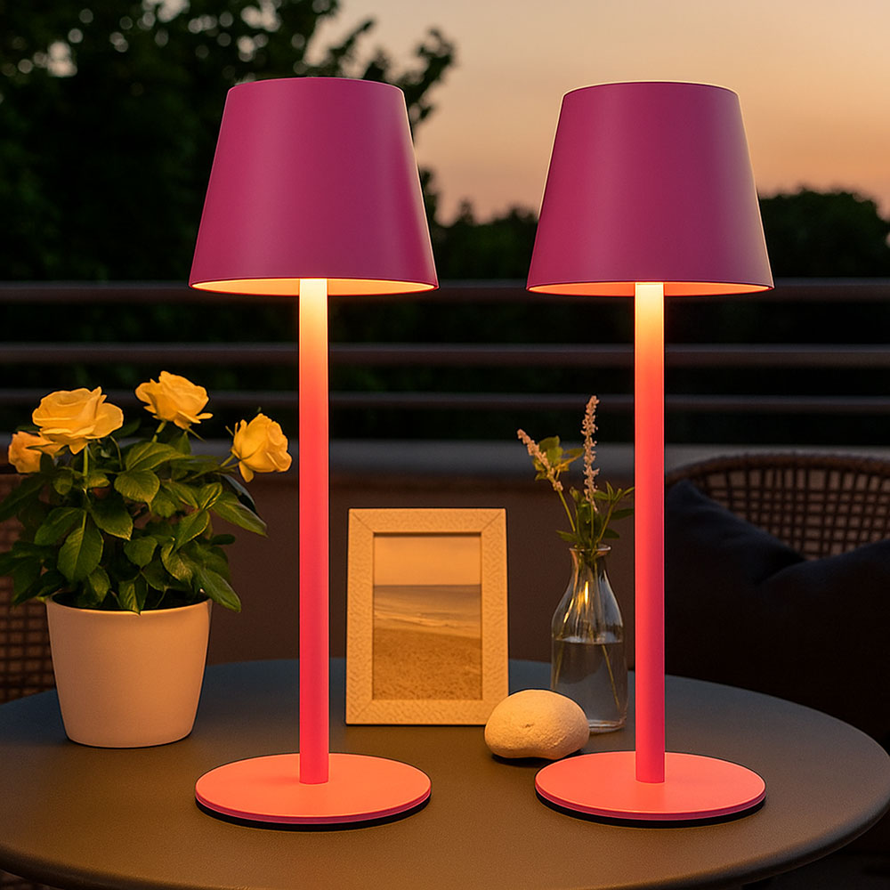 2er Set LED Tischlampe, pink, Akku, Touchdimmer, Flaschenaufsatz