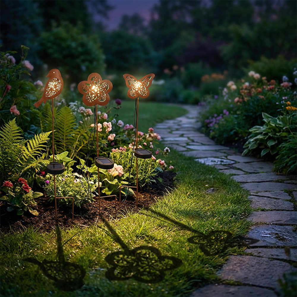 6er Set LED Solarleuchte, rost, Schmetterling, Blume, Vogel, H 45 cm