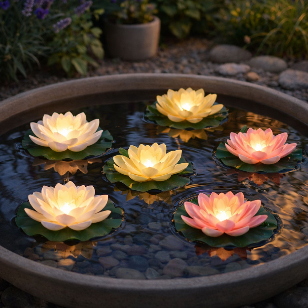 6x LED Solar Seerose, Gartenteich Deko, rosa weiß gelb, D 18 cm