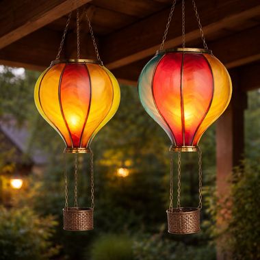 2x LED Solar Hängelampe, bunt, Heißluftballon, H 47 cm