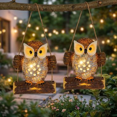 2x LED Solarleuchte, Hängeleuchte, Eule, IP44, H 17 cm