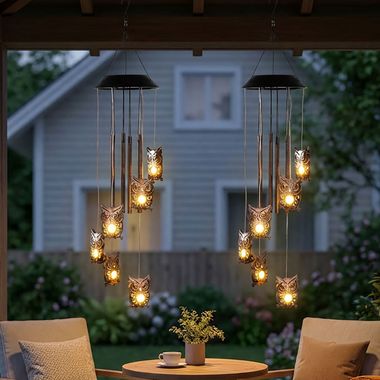 2x LED Solarwindspiel Hängelampe, Metall, Außenbereich, Eule, H 62 cm