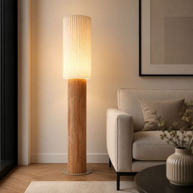 Staande lamp JANNIE, hout, textiel, bruin, voetschakelaar, metaal, E27