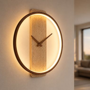 LED wall clock SHEA, warm white, metal, white, marble, stone look, H 35 cm