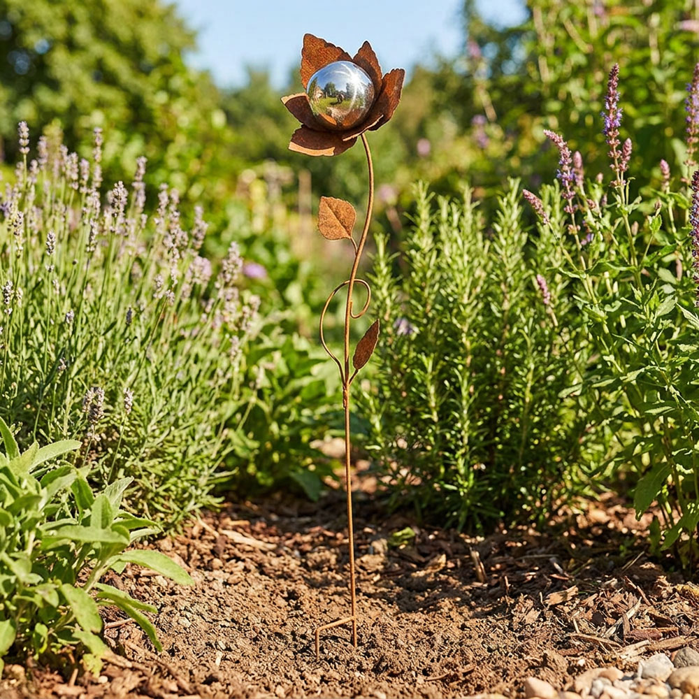 Gartenstecker, Blumen, Bronze, Metall, Rostoptik, Beet, H 99,5 cm