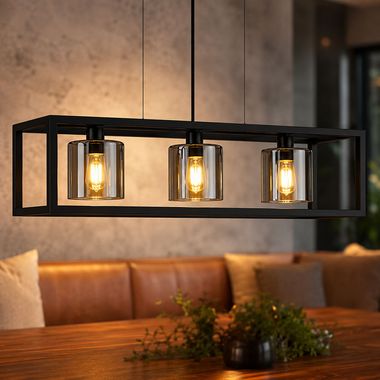 BRISL pendant light, black, 3-light, smoked finish, L 110cm
