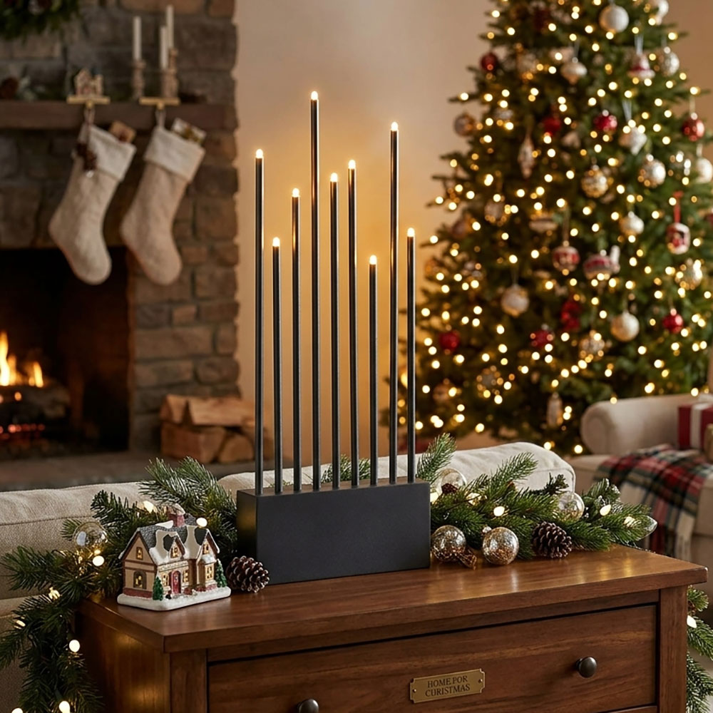 LED Kerzenständer, Holz, Stahl, Anthrazit, Weihnachten, H 60 cm