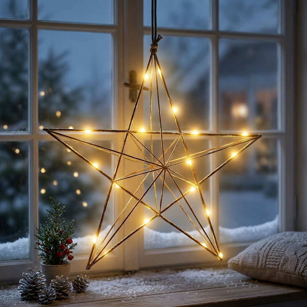 LED Weihnachtsstern LINE, Messing, Stern, Warmweiß, Stahlgestell, H 36 cm,