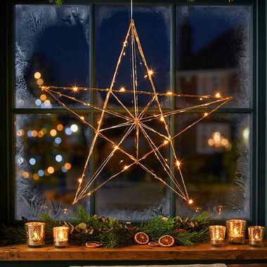 LED-kerstster LINE, messing, ster, warmwit, stalen frame, H 36 cm