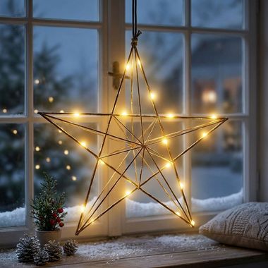 LED-kerstster LINE, messing, ster, warmwit, stalen frame, H 36 cm