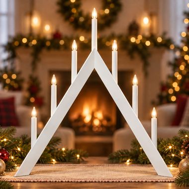 Świecznik LED ARROW, drewno, biały, 7-płomienny, ciepła biel, wys. 64,5 cm