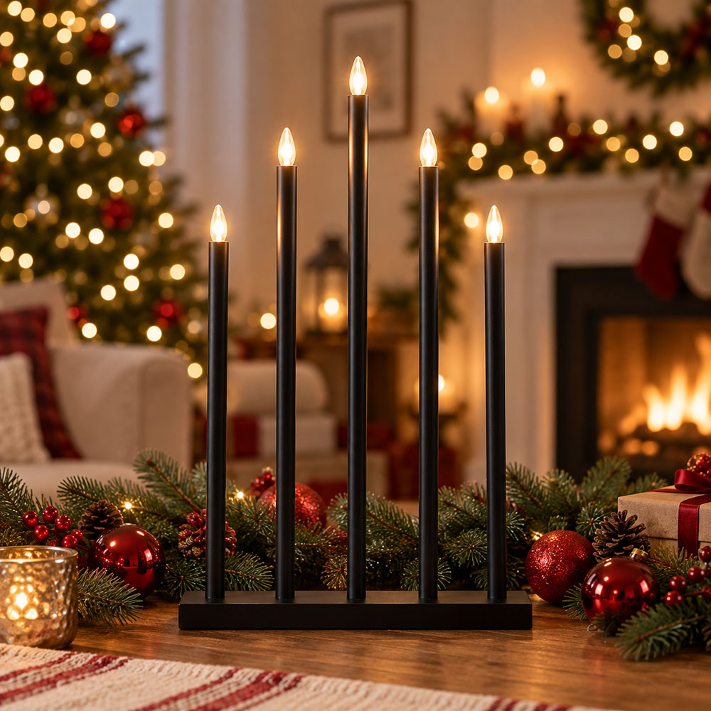 LED Tischleuchte HOLY, Weihnachten, Holz, Stahl, Schwarz, 5-flammig