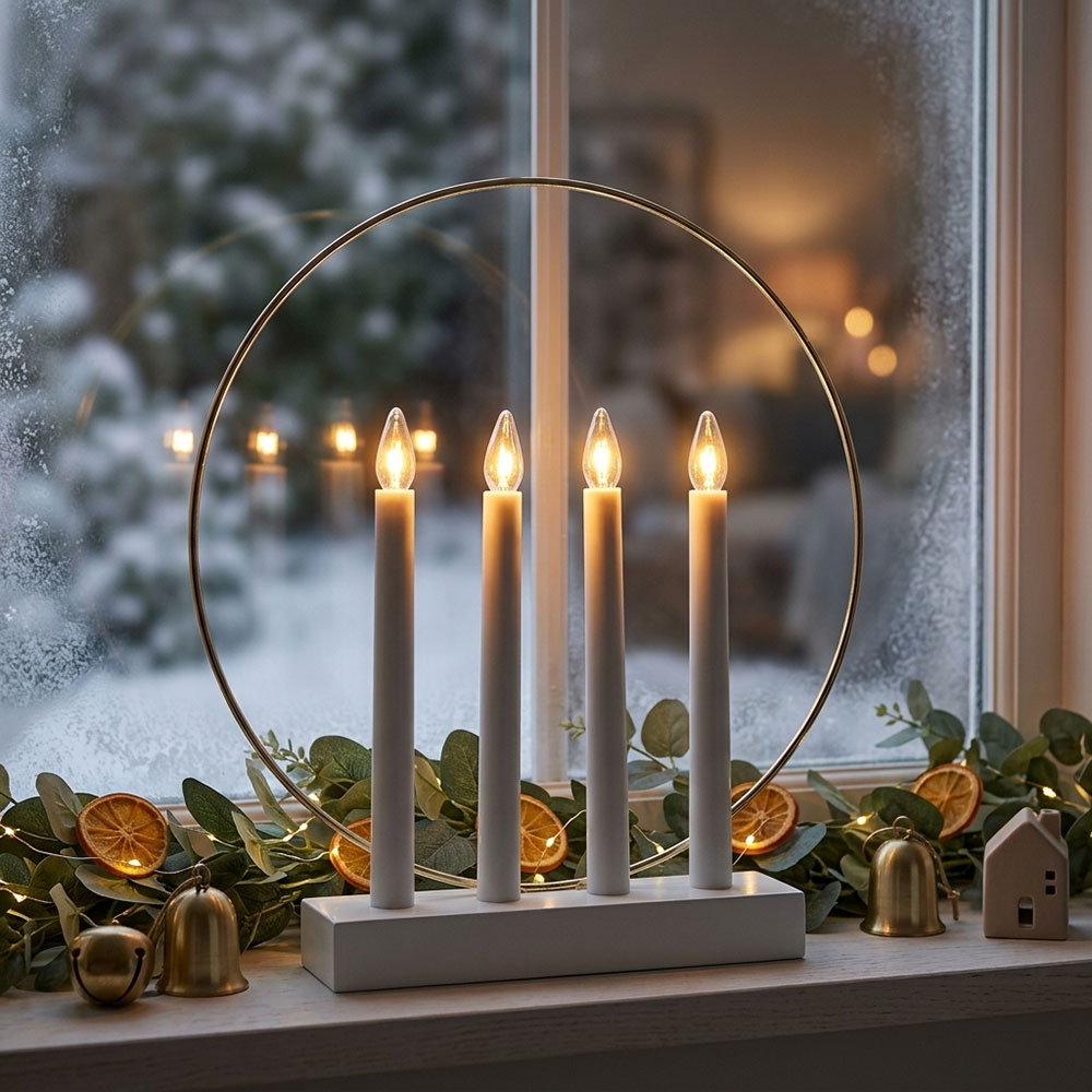 LED Kerzenständer, Weihnachten, Holz, Weiß, Schalter, H 35 cm