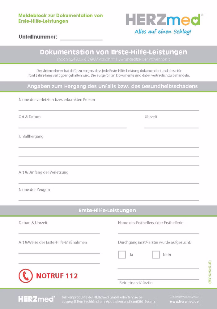HERZmed DIN A5 Meldeblock zur Dokumentation von Erste-Hilfe-Leistungen