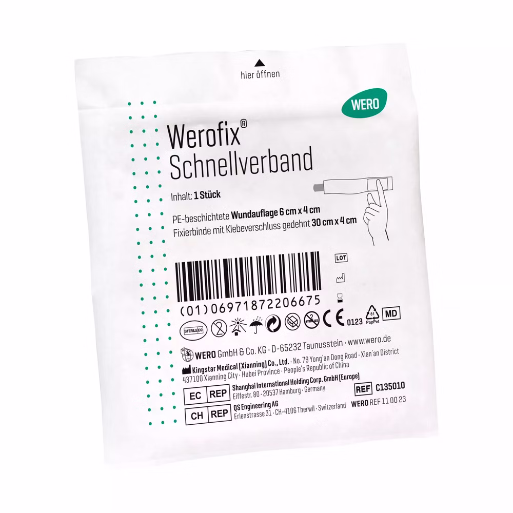 Steriler Schnellverband mit Wundauflage und Fixierbinde mit Klebeverschluss