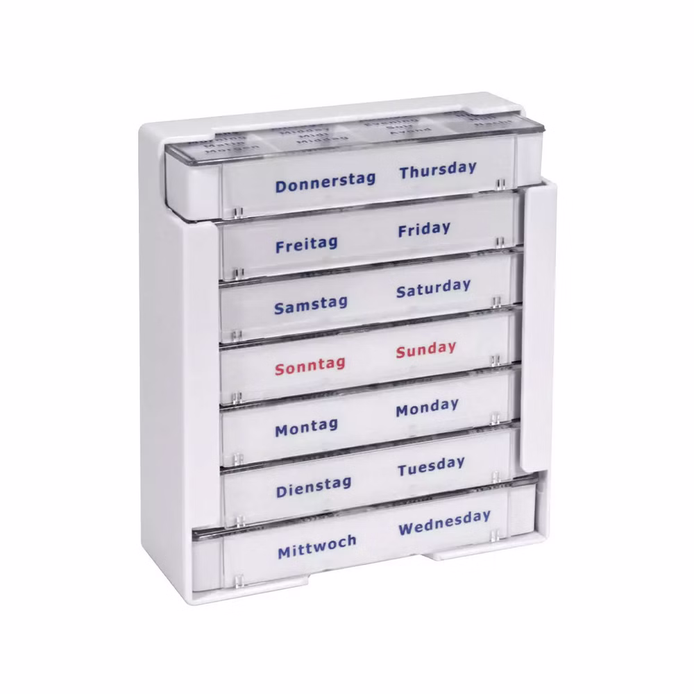 Tablettendispenser mit Tageszeiten und Wochentagen