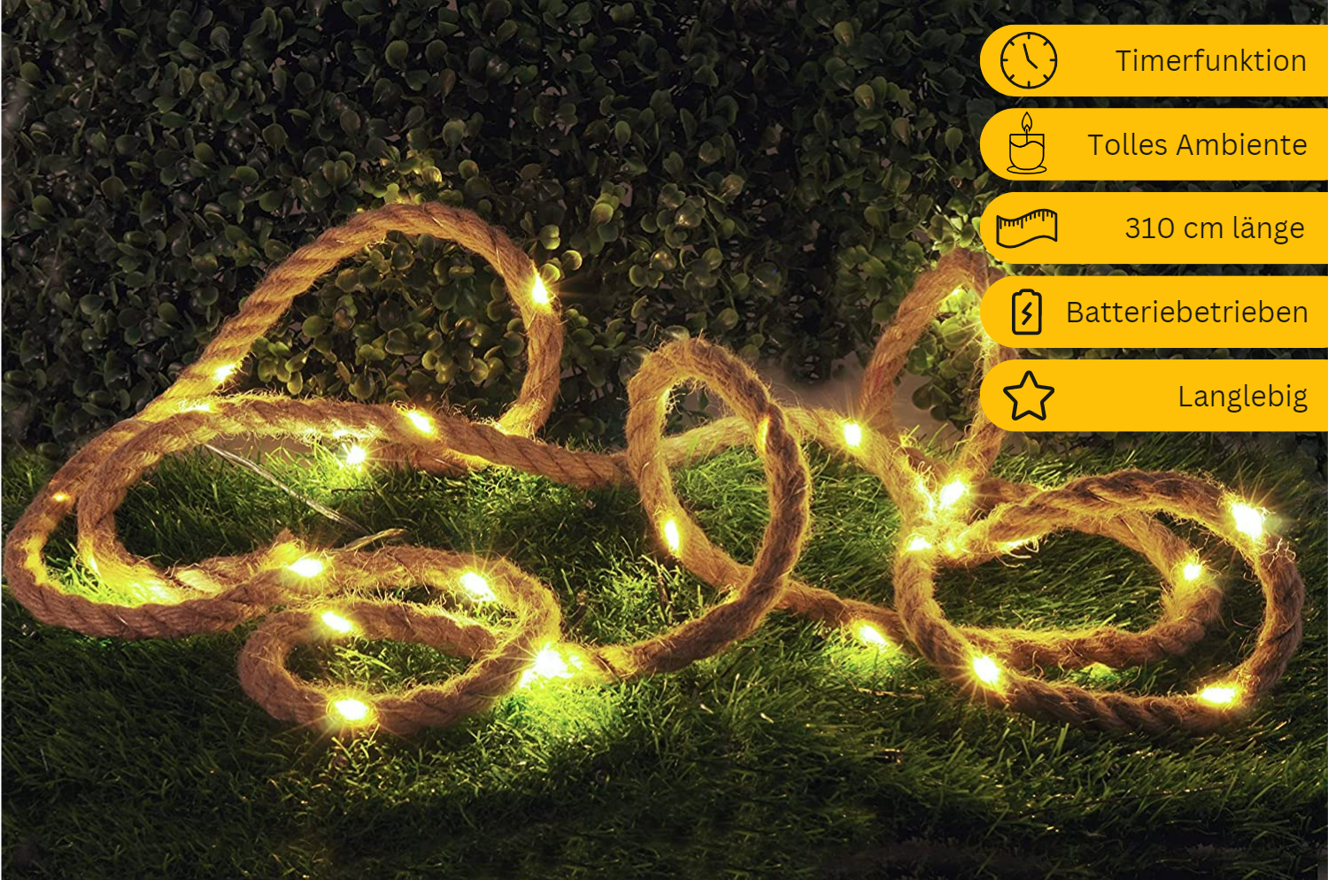 Paket] technik@all LED Lichterkette Hanfseil' 3,1m + 0,5m Zuleitung | Buvtec
