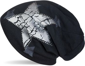 styleBREAKER Beanie Mütze mit All Over Stern Muster, Vintage Stern Print, Strass Rand und sehr weichem Innenfutter, Unisex 04024097