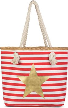 styleBREAKER Gestreifte Strandtasche mit Metallic Stern Print | Damen Shopper mit Kordelhenkeln und Reißverschluss | Badetasche im maritimen Look | 45 x 33 x 15 cm