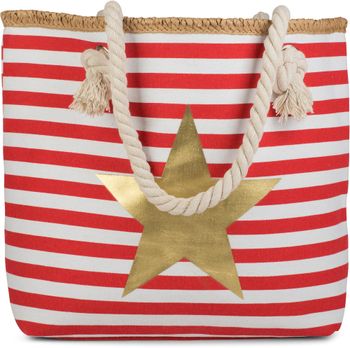 styleBREAKER Gestreifte Strandtasche mit Metallic Stern Print | Damen Shopper mit Kordelhenkeln und Reißverschluss | Badetasche im maritimen Look | 45 x 33 x 15 cm