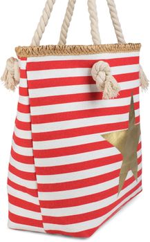 styleBREAKER Gestreifte Strandtasche mit Metallic Stern Print | Damen Shopper mit Kordelhenkeln und Reißverschluss | Badetasche im maritimen Look | 45 x 33 x 15 cm
