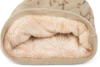 styleBREAKER warme Feinstrick Beanie Mütze mit glitzerndem Metallic Sterne Print, Fleece Innenfutter, Slouch Longbeanie, Damen 04024125