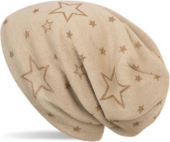 styleBREAKER warme Feinstrick Beanie Mütze mit glitzerndem Metallic Sterne Print, Fleece Innenfutter, Slouch Longbeanie, Damen 04024125