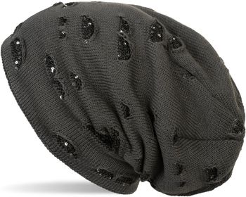 styleBREAKER warme Feinstrick Beanie Mütze im Destroyed Pailletten Look und weichem Fleece Innenfutter, Slouch Longbeanie, Damen 04024127