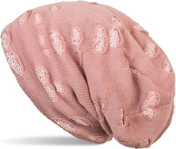 styleBREAKER warme Feinstrick Beanie Mütze im Destroyed Pailletten Look und weichem Fleece Innenfutter, Slouch Longbeanie, Damen 04024127