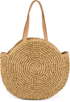 styleBREAKER runde Damen Basttasche mit langen Henkeln | Geflochtene Korbtasche als Strandtasche oder Shopper | Großes Hauptfach mit Reißverschluss