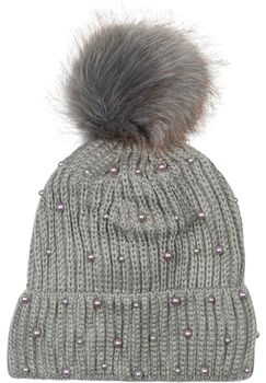 styleBREAKER Damen Strick Bommelmütze mit Perlen und Fleece Futter, warme Winter Fellbommel Mütze, Fake Fur 04024155