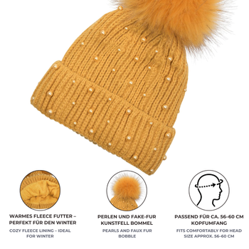 styleBREAKER Damen Strick Bommelmütze mit Perlen und Fleece Futter, warme Winter Fellbommel Mütze, Fake Fur 04024155