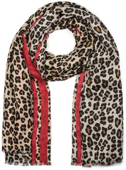 styleBREAKER Damen Schal mit Leo Muster und farbigem Streifen | Weiches Material mit Fransen | Animal Print Tuch in One Size