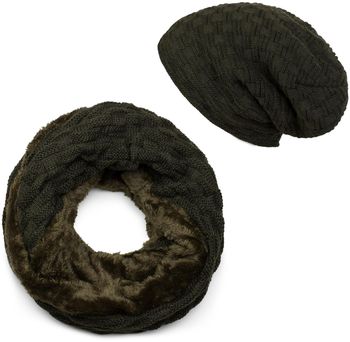 [Paket] styleBREAKER Strick Loop Schal und Beanie Mütze Set mit Flecht Muster, Fleece Innenfutter, Winter, Unisex 01018211