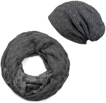 [Paket] styleBREAKER Strick Loop Schal und Beanie Mütze Set mit Flecht Muster, Fleece Innenfutter, Winter, Unisex 01018211