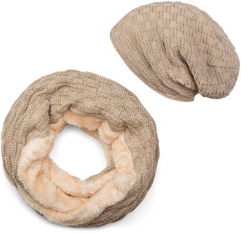 [Paket] styleBREAKER Strick Loop Schal und Beanie Mütze Set mit Flecht Muster, Fleece Innenfutter, Winter, Unisex 01018211