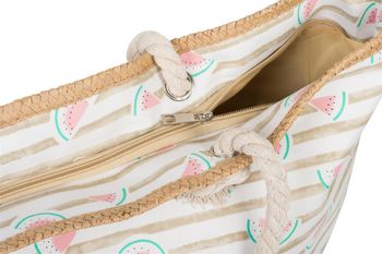styleBREAKER XXL Strandtasche mit Melonen Print und Streifen | Damen Shopper mit Kordelhenkeln und Reißverschluss | Badetasche mit Früchte Muster | 59 x 38 x 15 cm