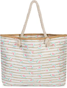 styleBREAKER XXL Strandtasche mit Melonen Print und Streifen | Damen Shopper mit Kordelhenkeln und Reißverschluss | Badetasche mit Früchte Muster | 59 x 38 x 15 cm