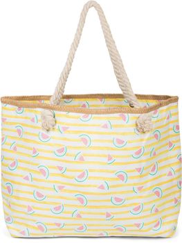 styleBREAKER XXL Strandtasche mit Melonen Print und Streifen | Damen Shopper mit Kordelhenkeln und Reißverschluss | Badetasche mit Früchte Muster | 59 x 38 x 15 cm