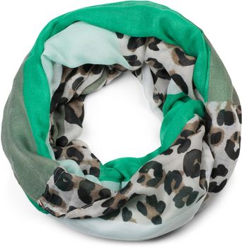 styleBREAKER Damen Loop Schal mit Leo Muster & Colour Blocking | weicher Schlauchschal aus Viskose | leichter Animal Print Rundschal für Frühling & Übergang