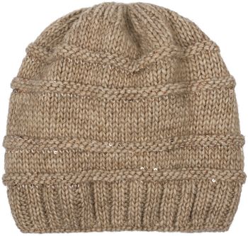 styleBREAKER Damen Strick Wintermütze mit Pailletten, Öffnung für Pferdeschwanz und Thermo-Fleece Futter, Beanie Mütze 04024177