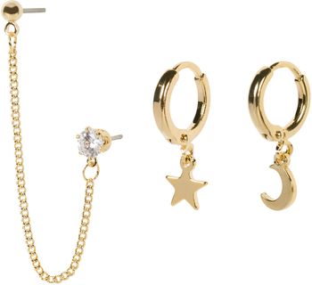 styleBREAKER Damen Ohrring Set 4-Teilig mit Creolen Hoops Mond und Stern, Single Ear Stecker mit Kette und Strass 05090034