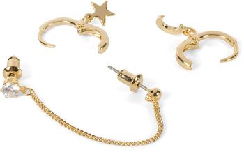 styleBREAKER Damen Ohrring Set 4-Teilig mit Creolen Hoops Mond und Stern, Single Ear Stecker mit Kette und Strass 05090034