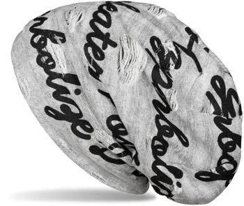 styleBREAKER Unisex Stoff Beanie Mütze mit Sprüche Print und Rissen im Destroyed Vintage used Look 04024182