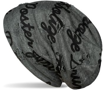styleBREAKER Unisex Stoff Beanie Mütze mit Sprüche Print und Rissen im Destroyed Vintage used Look 04024182
