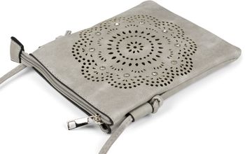 styleBREAKER Damen Mini Umhängetasche mit Blumen Lasercut Cutout Muster und Strass | kleine Crossbody Bag Schultertasche Handytasche 14,5 x 19 cm