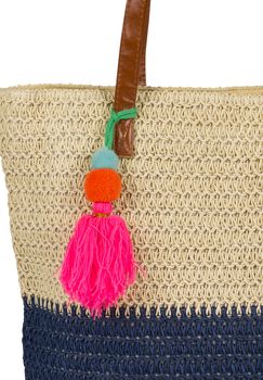 styleBREAKER Damen Bast Strandtasche 45 x 13 x 46 cm mit Reißverschluss | Zweifarbige Korbtasche mit Quaste | Flechttasche mit langen Henkeln für Strand & Shopping